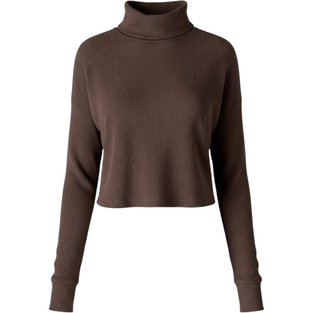 Gaze Womens Ribbed Cropped Turtleneck Sweater Brown Size S Drop Shoulder Slv